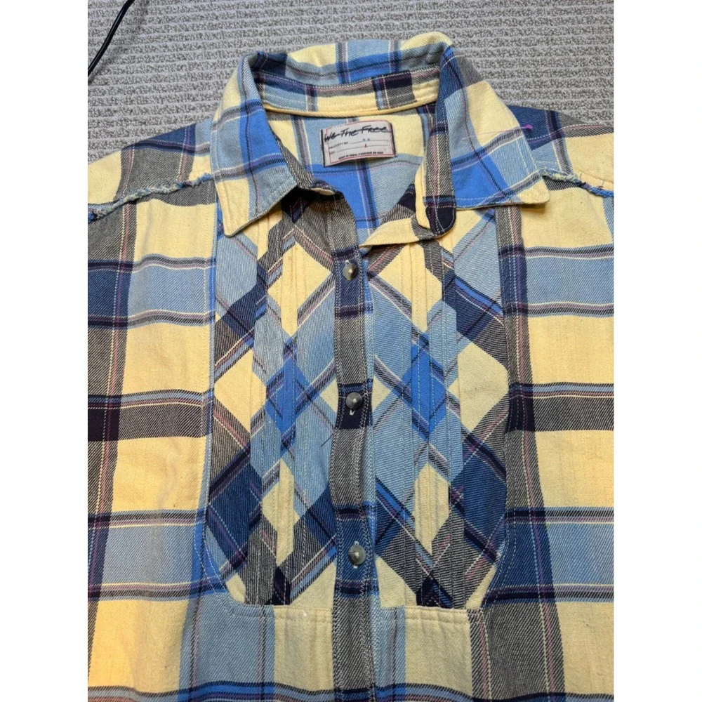 We The Free People Blue Yellow Plaid‎ Sleeveless Button Down Bib Top OB2064767 L - Picture 5 of 10